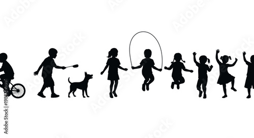 Joyful Children Playing and Enjoying Outdoor Activities in Silhouette Format