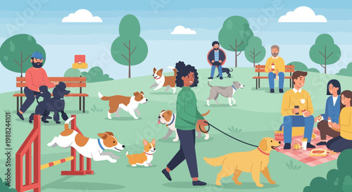 Joyful Day In Park As Diverse Group of People Socialize and Enjoy Dogs Playing