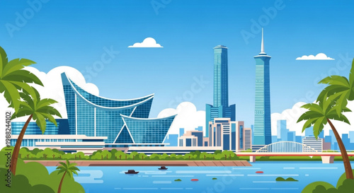 Modern city skyline with futuristic architecture palm trees and a river representing urban development and tropical travel