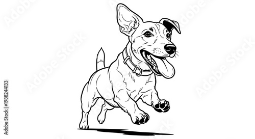 Joyful Dog Line Art in Mid-Leap With a Happy Expression and Leaping Action