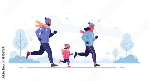 Joyful Family Embarks On Winter Run, Enjoying A Healthy Outdoor Activity In The Snow