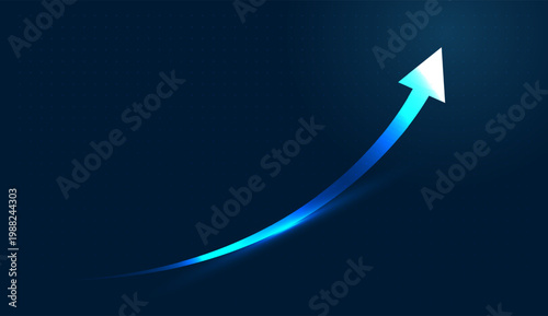 A glowing blue arrow curves sharply upward, representing a major breakthrough in digital finance. and with business graphic shows a clean upward
