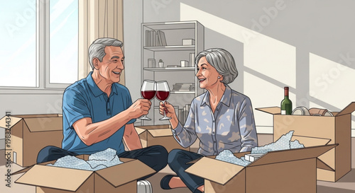 Happy senior couple toasting with wine amidst moving boxes celebrating new home illustration for lifestyle concept