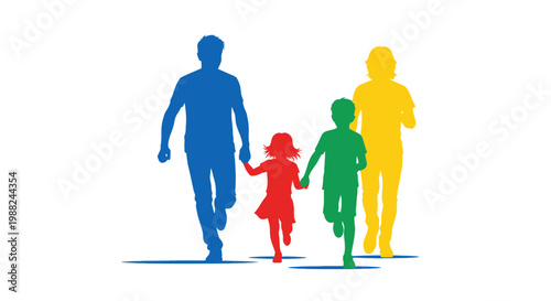 Joyful Family Running Together in a Vibrant and Colorful Illustration