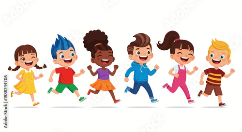 Joyful Group Of Diverse Children Running, Smiling, and Expressing Delightful Energy Forever