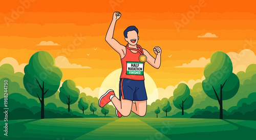 Joyful Half Marathon Champion Celebrates Victory In Scenic Sunrise Park Setting