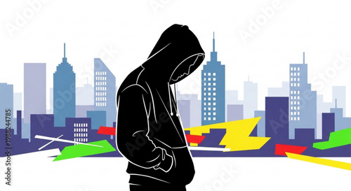 Silhouette of a person in a hooded sweatshirt against a stylized cityscape representing urban anonymity and modern life