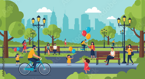 Joyful Illustration Of People Enjoying Leisurely Time In A Vibrant City Park