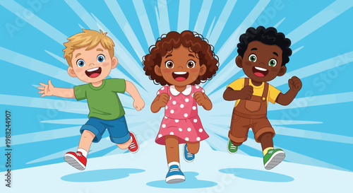Joyful Kids Racing Forward Against a Dynamic Blue Background with Energy and Enthusiasm