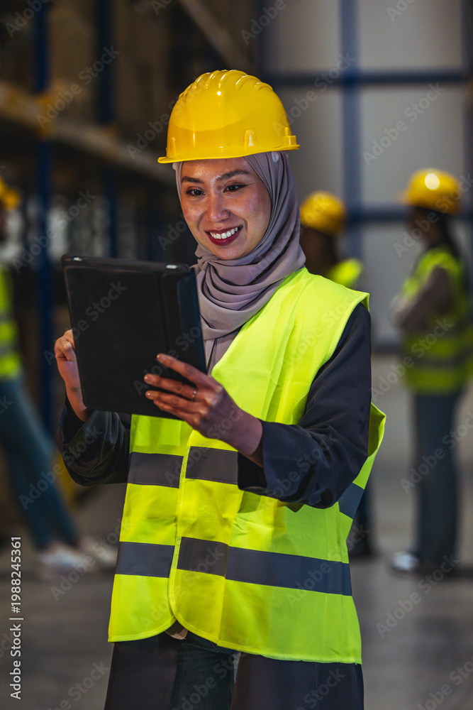 Obraz premium Female Engineer Wearing Hijab and Hard Hat Using Tablet During Warehouse Safety Inspection