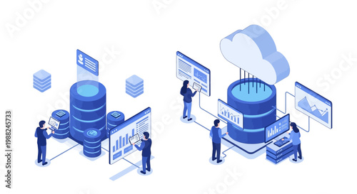Isometric vector art depicts cloud storage solutions, showcasing people interacting with data servers and analyzing charts in a clean, modern illustration with a cool blue color scheme