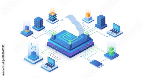 Isometric vector illustration depicting a cloud storage system, showcasing various character icons connected to a central cloud server, set against a clean white background with a modern