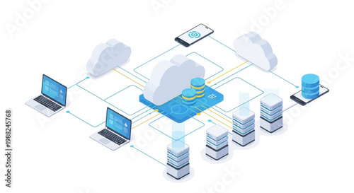 Isometric vector art depicts a cloud computing network connecting laptops, a smartphone, and servers, illustrating cloud storage and data transfer in a modern design against a clean white