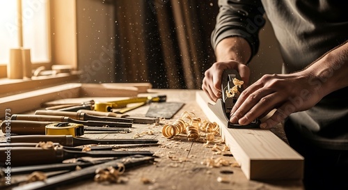 Craftsman hand carving wood in sunlit workshop for Labor Day celebration