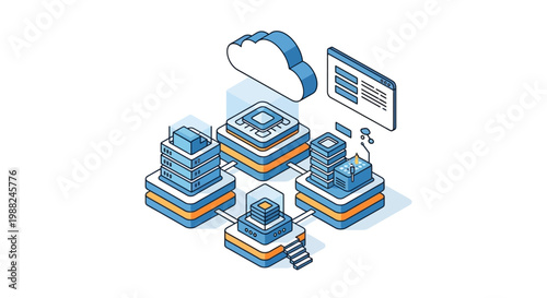 Isometric vector illustration depicting a cloud computing network design with servers and data exchange, rendered with a clean, minimalist style against a white background