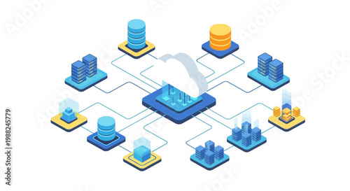 Isometric vector illustration featuring people icons and cloud storage icons connected to a central cloud storage server, designed with a clean and modern style on a bright white
