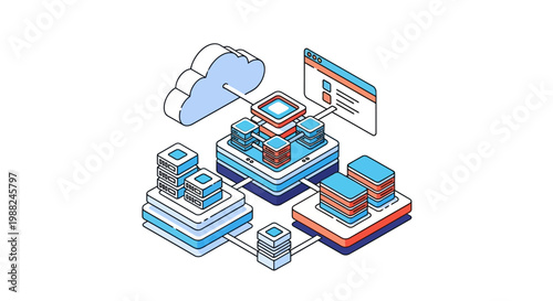 Isometric vector art shows an interconnected cloud storage system, with servers and data flowing between them, depicted in a clean, minimalist style against a white background