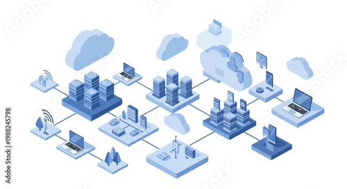 Isometric vector art featuring an interconnected cloud storage system design, showing people interacting with cloud servers and devices across a digital network, rendered with soft blue