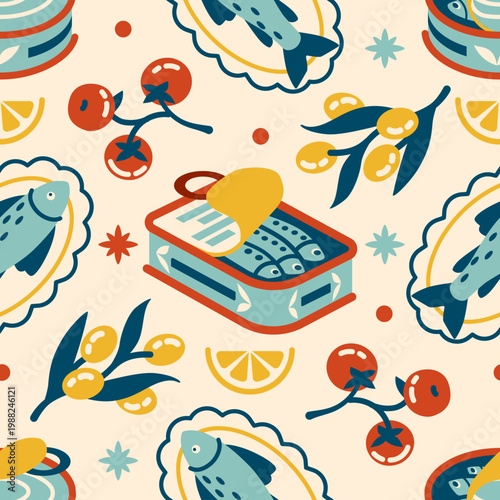 Cheerful Mediterranean tile seamless pattern with hand-drawn canned sardines, olives, tomatoes, and fish. Bright summer vacation gastronomy aesthetic for wallpaper and food backgrounds.