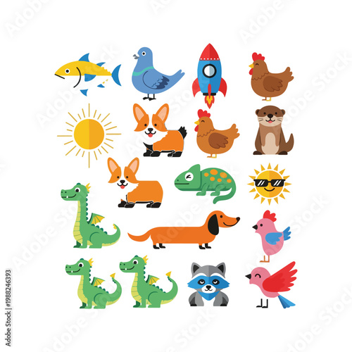 A cute collection of funny cartoon animal icons and baby stickers featuring a cat, dog, owl, and frog in a vibrant vector illustration set designed for children