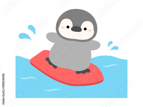 サーフィンをするペンギンと海、マリンスポーツを楽しむペンギン