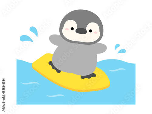 海でサーフィンをするペンギン、かわいい動物の
ベクターイラスト