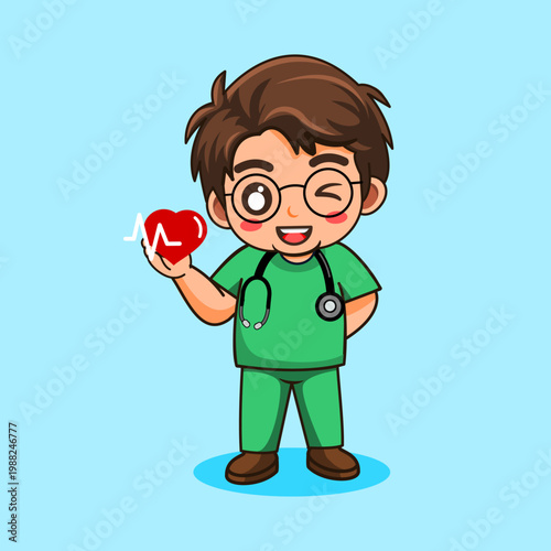 Male Nurse Holding Heartbeat Line Icon Vector Illustration