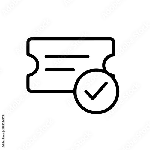 A simple line icon of a verified ticket with a checkmark