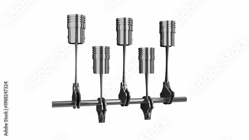 Car Engine with Five Cylinders and Rotating Crankshaft on White Background - 3d 4k animation (3840 x 2160 px)