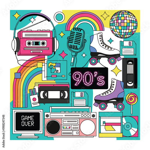Set of retro music and media icons featuring colorful vector illustrations of flat audio and video symbols for web and mobile app designSet of retro music and media icons featuring color