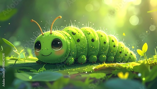 Cartoon caterpillar with big eyes sits atop a leaf in lush green foliage