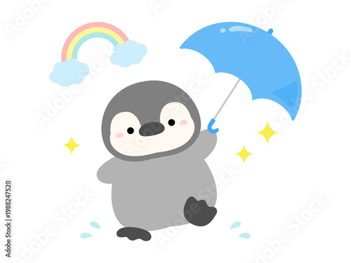 青い傘をさすペンギンと虹、梅雨明けや雨上がりのキャラクター、かわいい動物のベクターイラスト