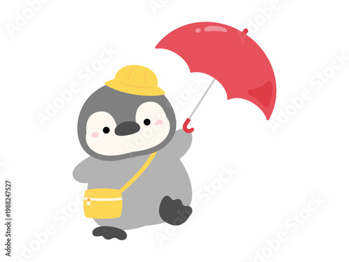 赤い傘をさすペンギン、梅雨や雨の日のキャラクター、かわいい動物のベクターイラスト
