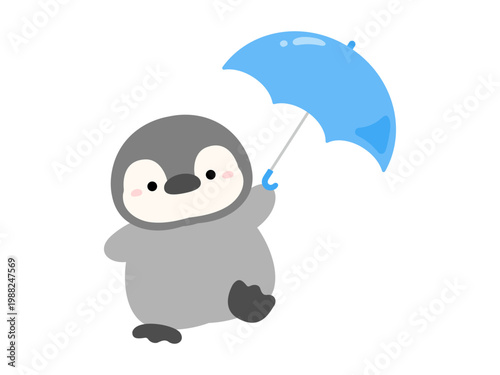 青い傘をさすペンギン、梅雨や雨の日のキャラクター、かわいい動物のベクターイラスト
