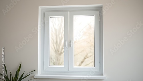 casement. A white window frame in a residential interior, with natural daylight softly filtering through the glass into a simple room. real-estate listings.