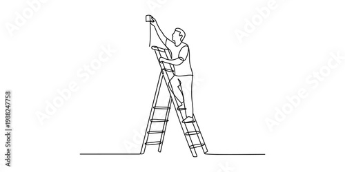 Man climbing a stepladder to reach a high object in a continuous line art style illustration.