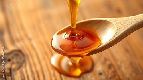 libertarianism. Golden honey dripping from a wooden spoon against a natural wood background. menu design, packaging mockups, designed for culinary blogs and recipe cards for restaurants.