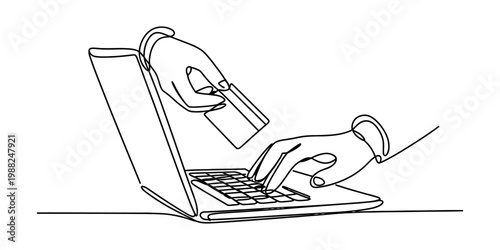 Continuous line drawing of hands using a credit card for online shopping on a laptop computer.