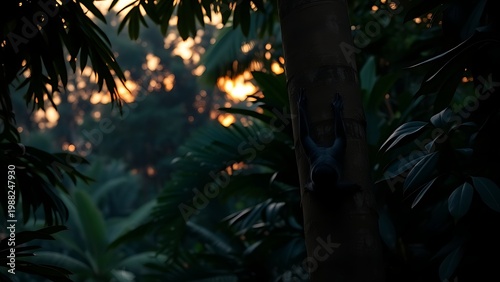 potto. Tropical rainforest at dusk with a potto clinging to a tree. ESG reports, sustainability campaigns, designed for environmental awareness campaigns, used by supply chain planners.