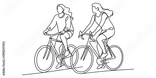 Continuous line drawing of two women riding bicycles together on a path outdoors