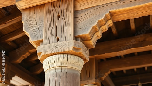 mortise. Ancient temple wooden framework detail showing mortise joints and weathered wood in natural light. real-estate listings.
