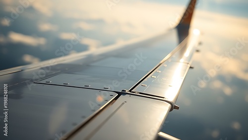 aileron. Extreme close-up of a metal aircraft aileron with rivets and painted surface. mobility guides, transit brochures, designed for transport & logistics marketing.