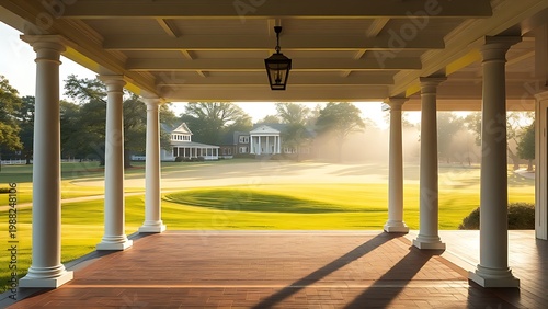 subjugated. Historic clubhouse veranda overlooking manicured golf greens at dawn. real-estate listings, architecture portfolios, designed for interior renovation comparisons for interiors.