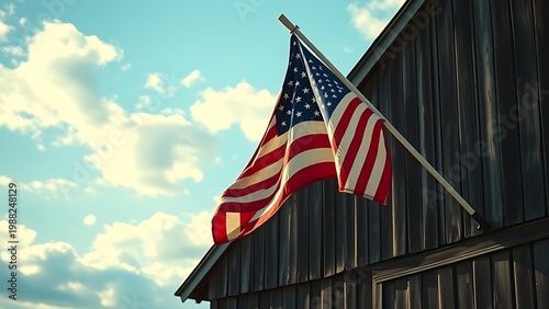infamy. A faded flag fluttering on a weathered barn, blue sky with clouds, nostalgic mood. travel magazines, destination branding, designed for outdoor magazines and nature guides.