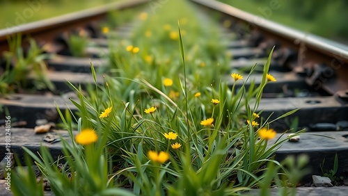 trackbed. Close-up of wild grass and yellow flowers growing through cracks in old railway tracks. ESG reports, sustainability campaigns, designed for environmental awareness campaigns.