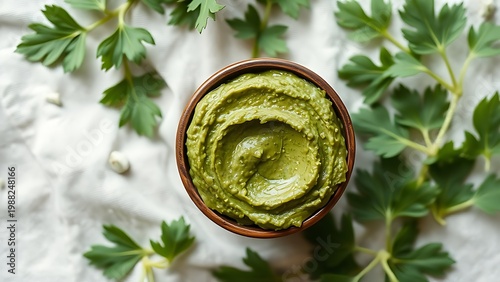 comfrey. Fresh green herbal paste on a linen cloth, a natural remedy prepared. lifestyle magazines, social media lookbooks, designed for influencer and brand collaborations.