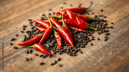 pasilla. Red chili peppers and cumin seeds scattered on a wooden cutting board. menu design, packaging mockups, designed for food delivery and cloud-kitchen brand materials, used by account managers.