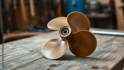 brazing. Bronze outboard motor propeller on a worn wooden workbench. safety posters, maintenance manuals, designed for precision metalworking and fabrication facilities, clarifies operation.