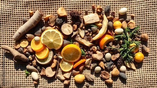 correlating. Assorted botanicals scattered on rough burlap fabric in sunlight. gardening catalogs, home-decor guides, designed for home decor and floral branding, promotes healthy living.