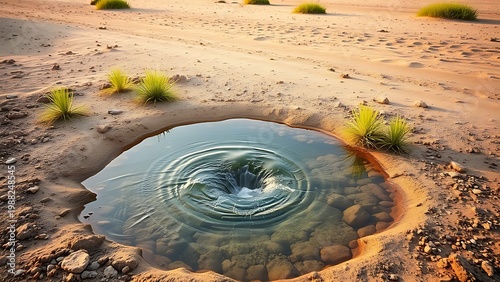 nekton. Desert oasis with natural spring and green plants under golden hour light. travel magazines, destination branding, designed for outdoor magazines and nature guides, used by account managers.